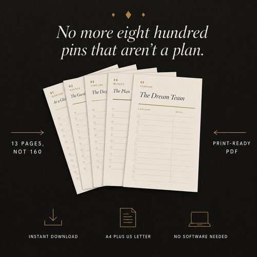 A fanned stack of printed wedding planner pages, thirteen focused pages rather than one hundred and sixty