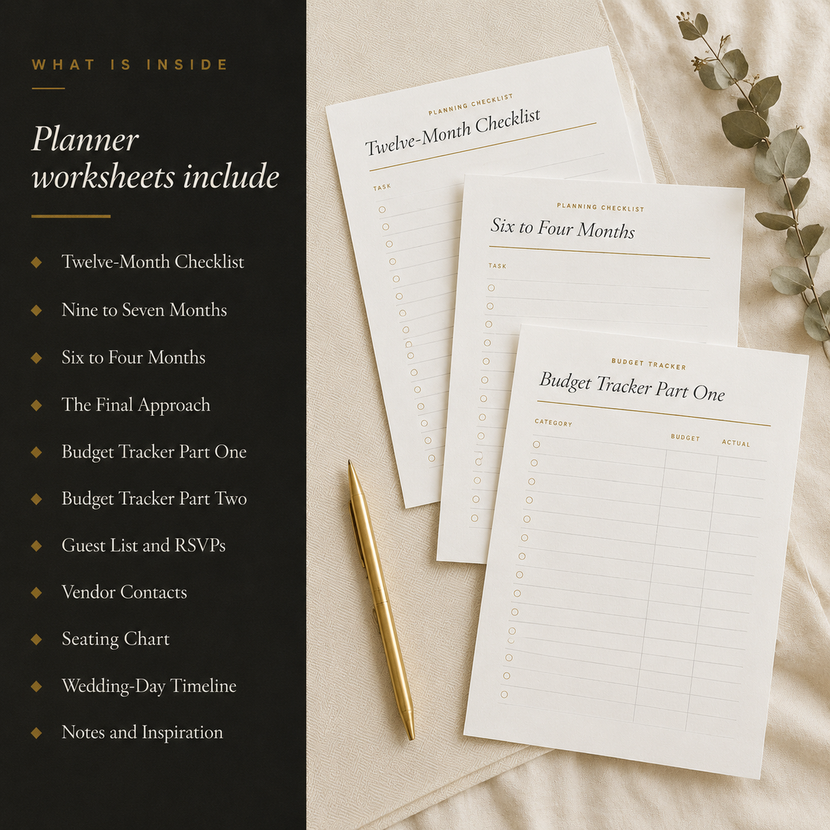 The eleven planner worksheets listed beside three printed sheets on linen