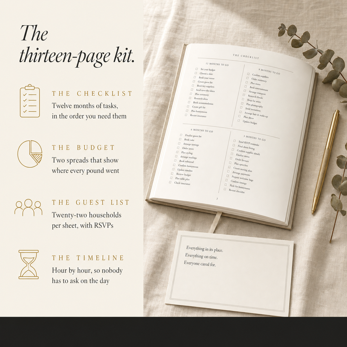 The four core sections of the kit beside an open printed twelve-month checklist spread