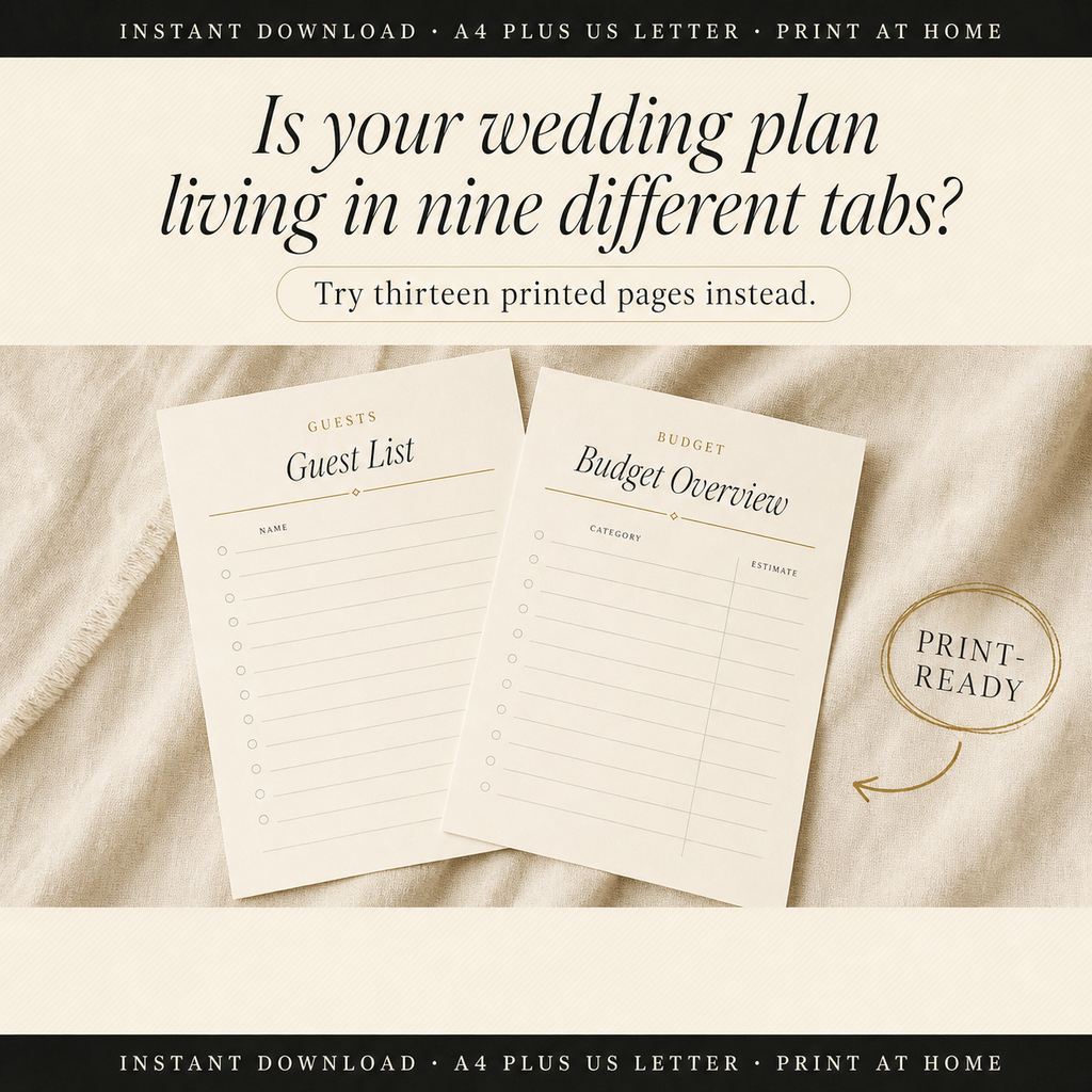 Printed guest list and budget sheets, print-ready in A4 and US Letter