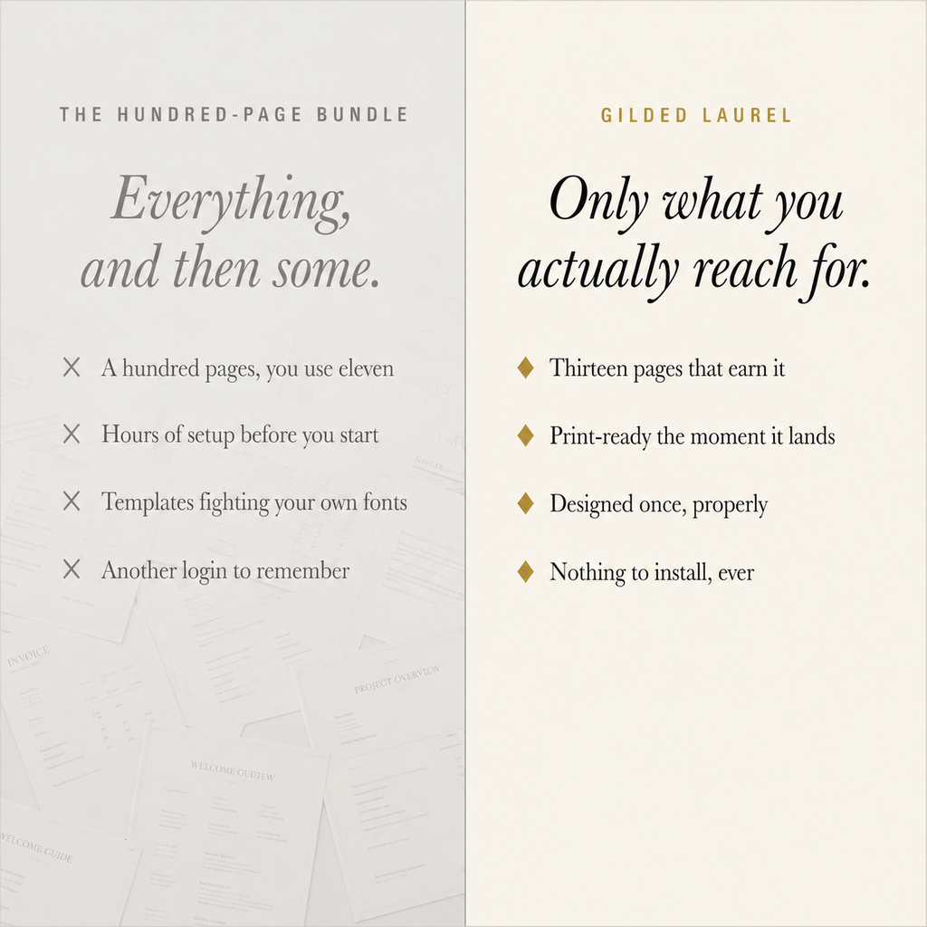 A hundred-page template bundle compared against the thirteen-page Gilded Laurel kit