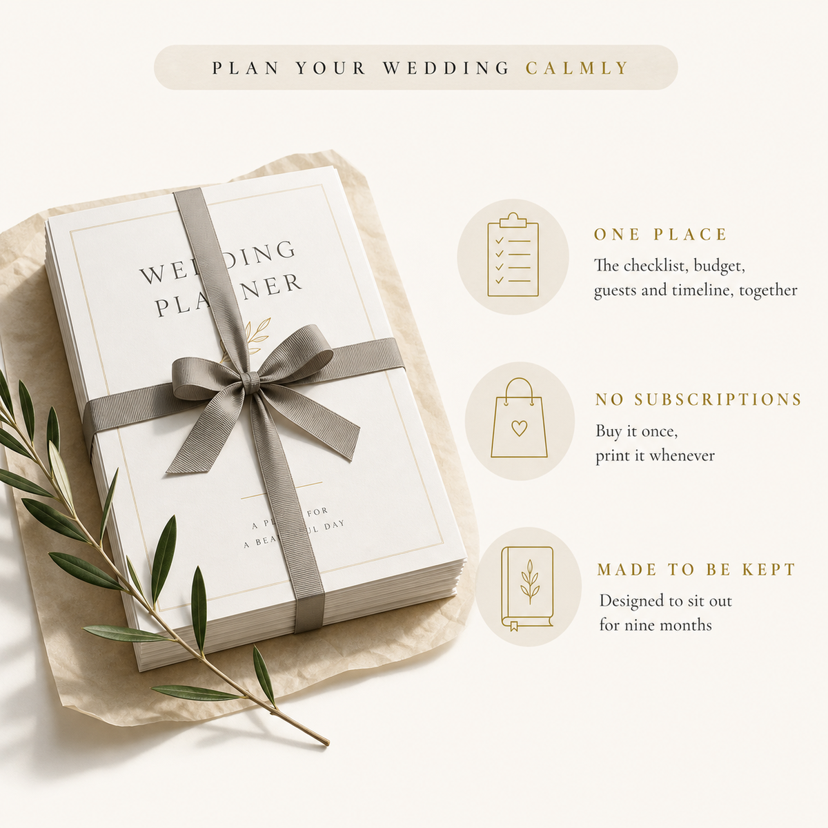 The printed kit tied with a ribbon beside three reasons to plan calmly