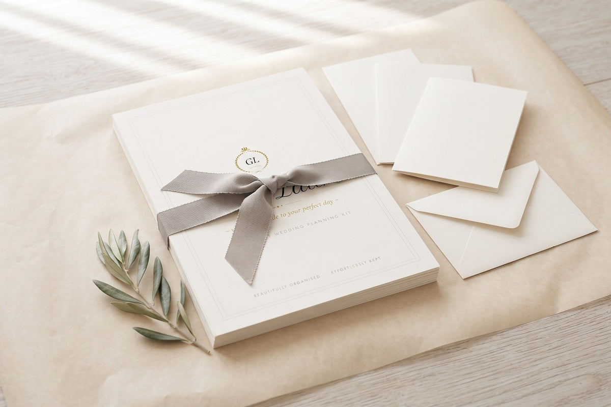 The planning kit tied with a stone-grey ribbon on parchment beside blank cards and an envelope