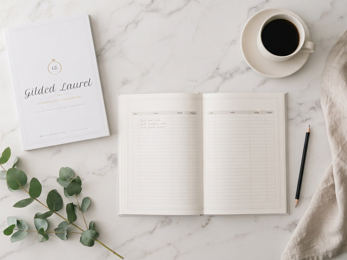 The Gilded Laurel planner open on a marble surface beside a coffee, eucalyptus and linen napkin