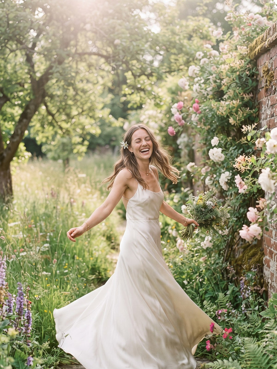 A bride turning in a walled English rose garden