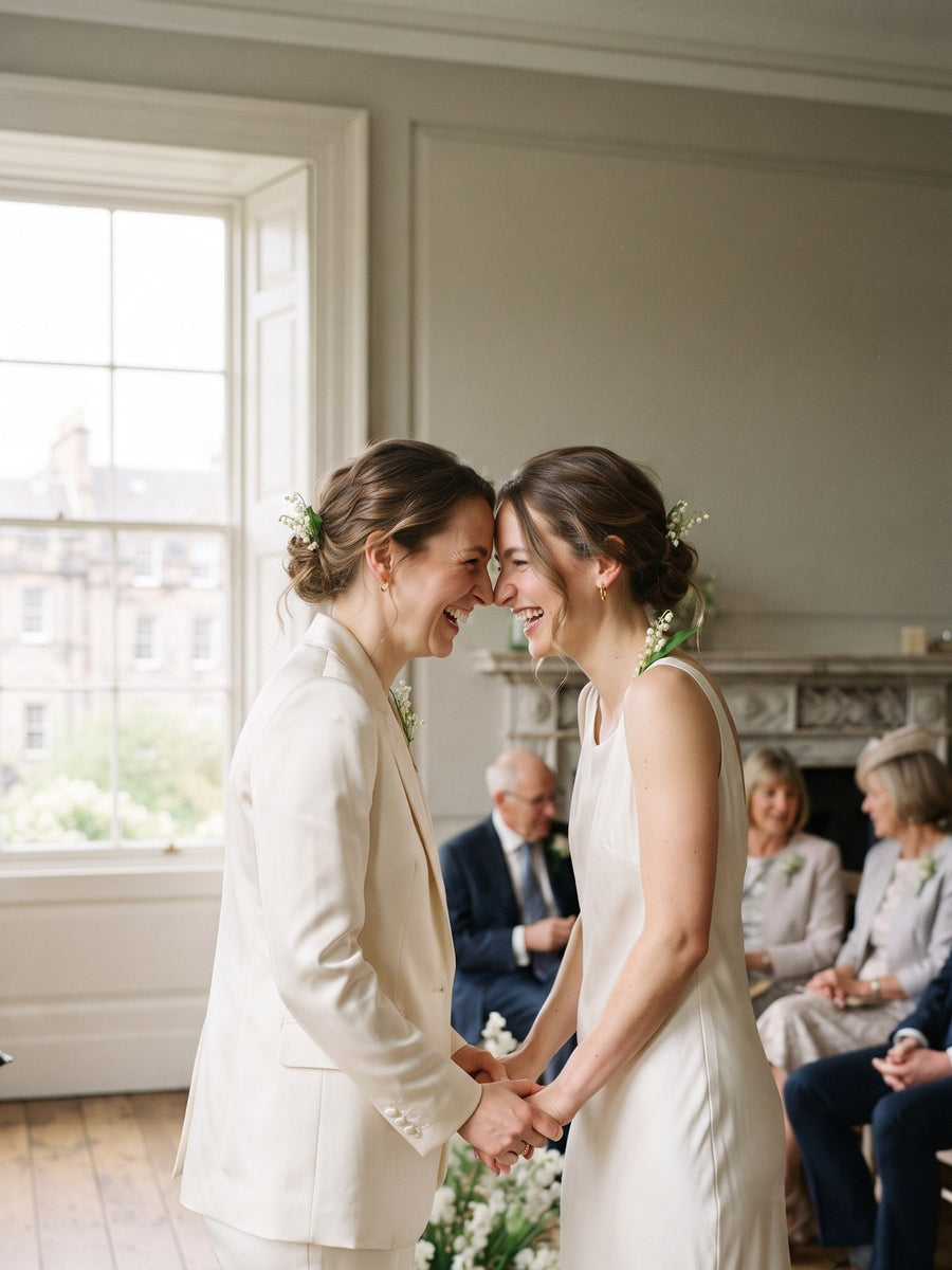Two brides laughing together in a Georgian drawing room